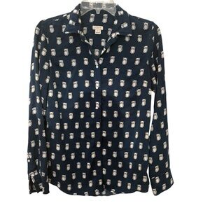 J Crew Factor Navy Blue Owl Print button down blouse shirt top XS